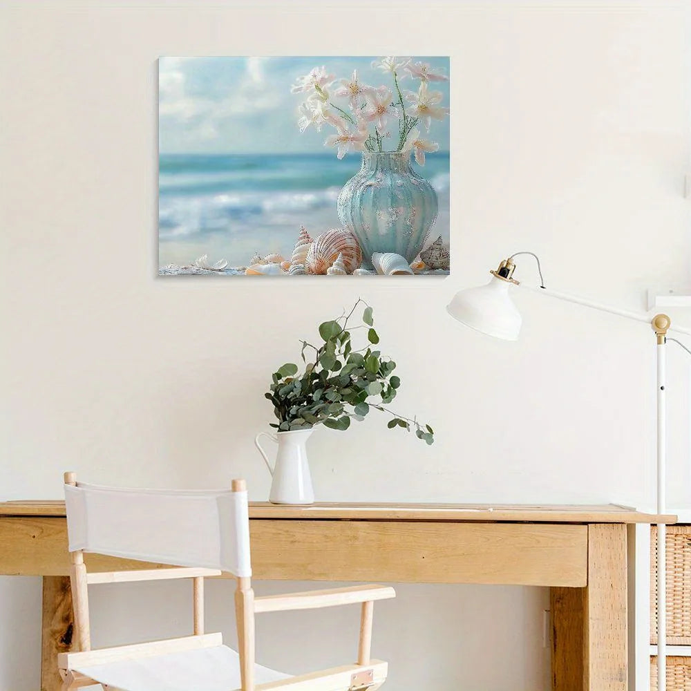Coastal Happiness Beach Scene Canvas Wall Art With Flowers
