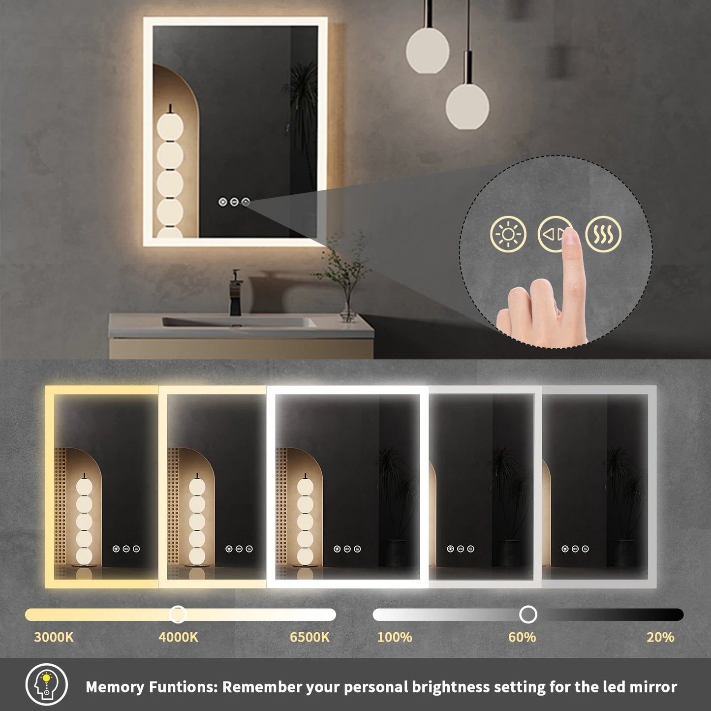 Lighted Bathroom Mirror 16x20 Anti Fog Wall Mounted Mirror Memory Function