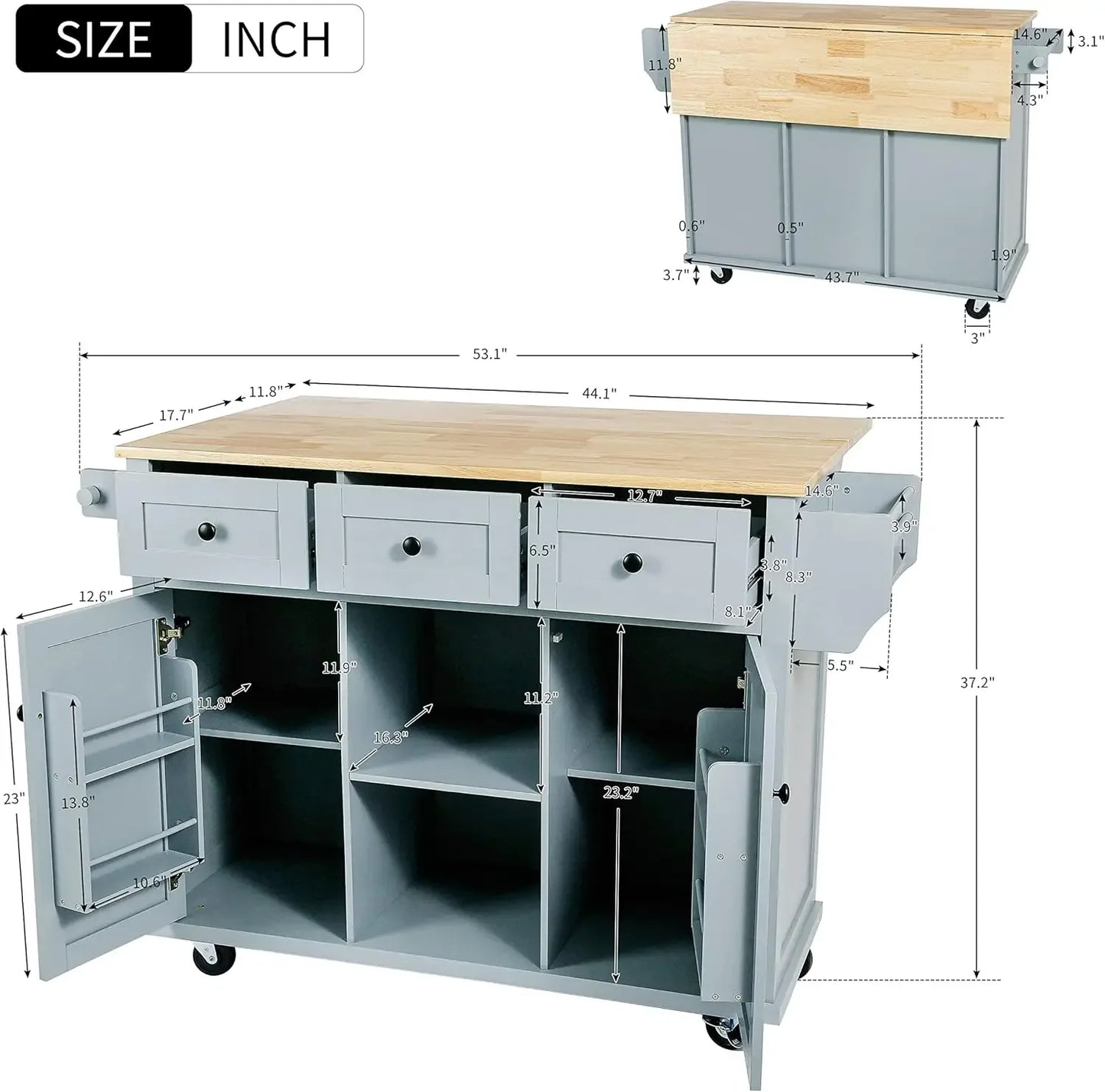 Gray Blue Kitchen Island On Wheels With Drop Leaf Storage