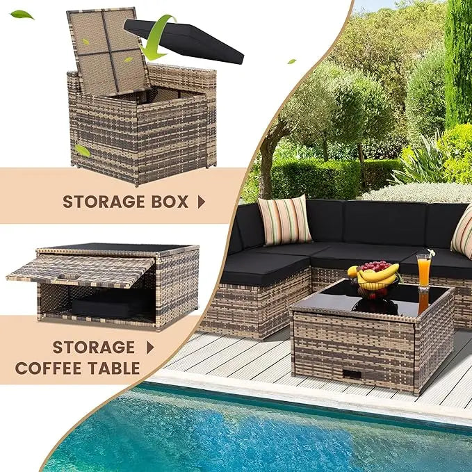 8 Pieces Outdoor Wicker Rattan Patio Furniture Sectional Set With Hidden Storage