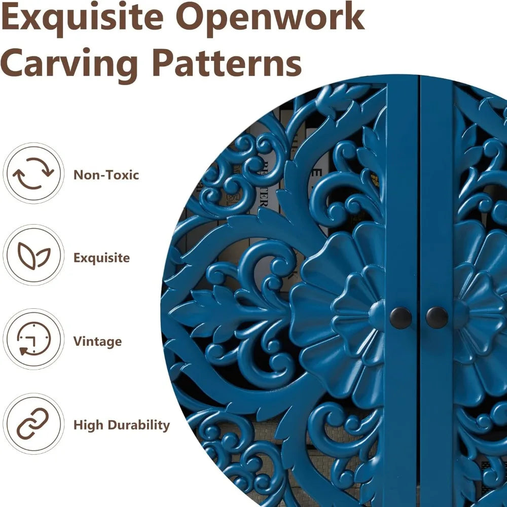 Blue Buffet Cabinet With Storage Wooden Carved Sideboard With Hollow Pattern And Adjustable Shelves Accent 2