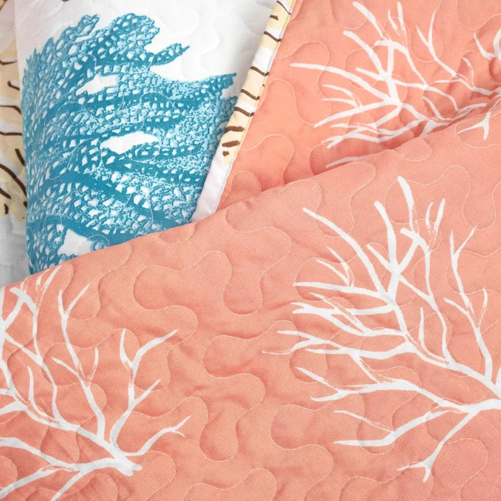 Coastal Reef Reversible Quilt Set King 7 Piece Ocean Blue Coral Decor Bedding