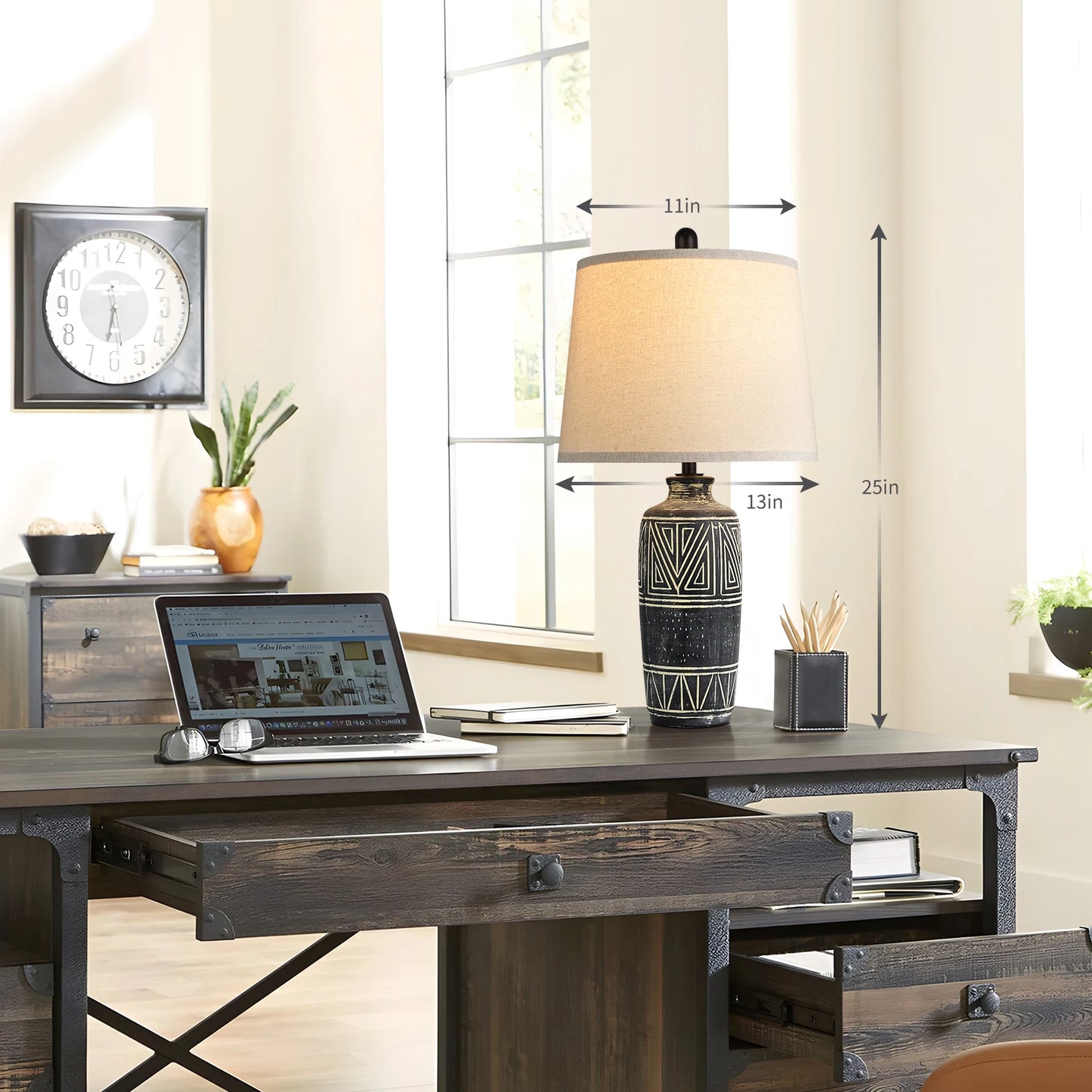 2 Pack Carved Geometric Ceramic Table Lamps Linen Shade