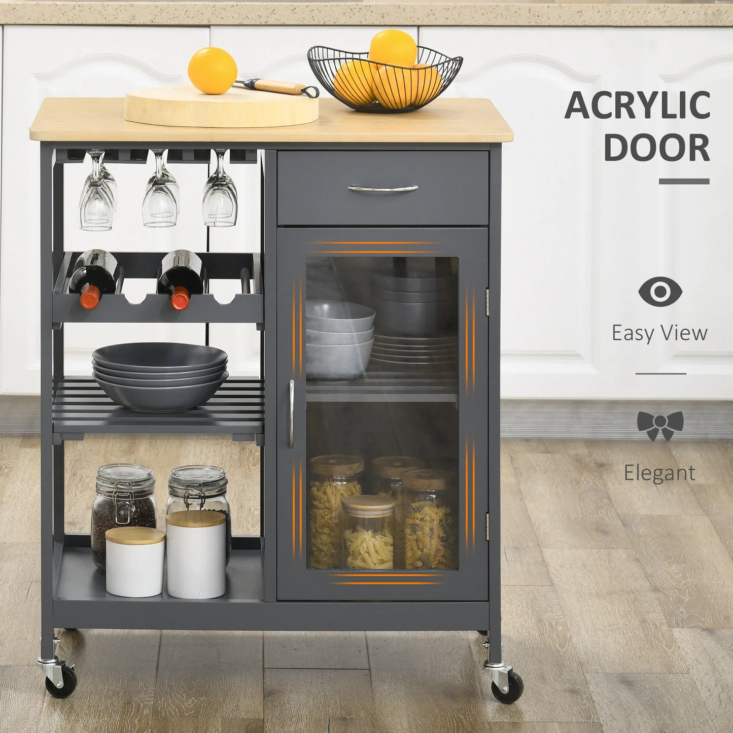 HOMCOM Utility Kitchen Cart Rolling Kitchen Island With Wine Rack And Storage Trolley Grey On Wheels