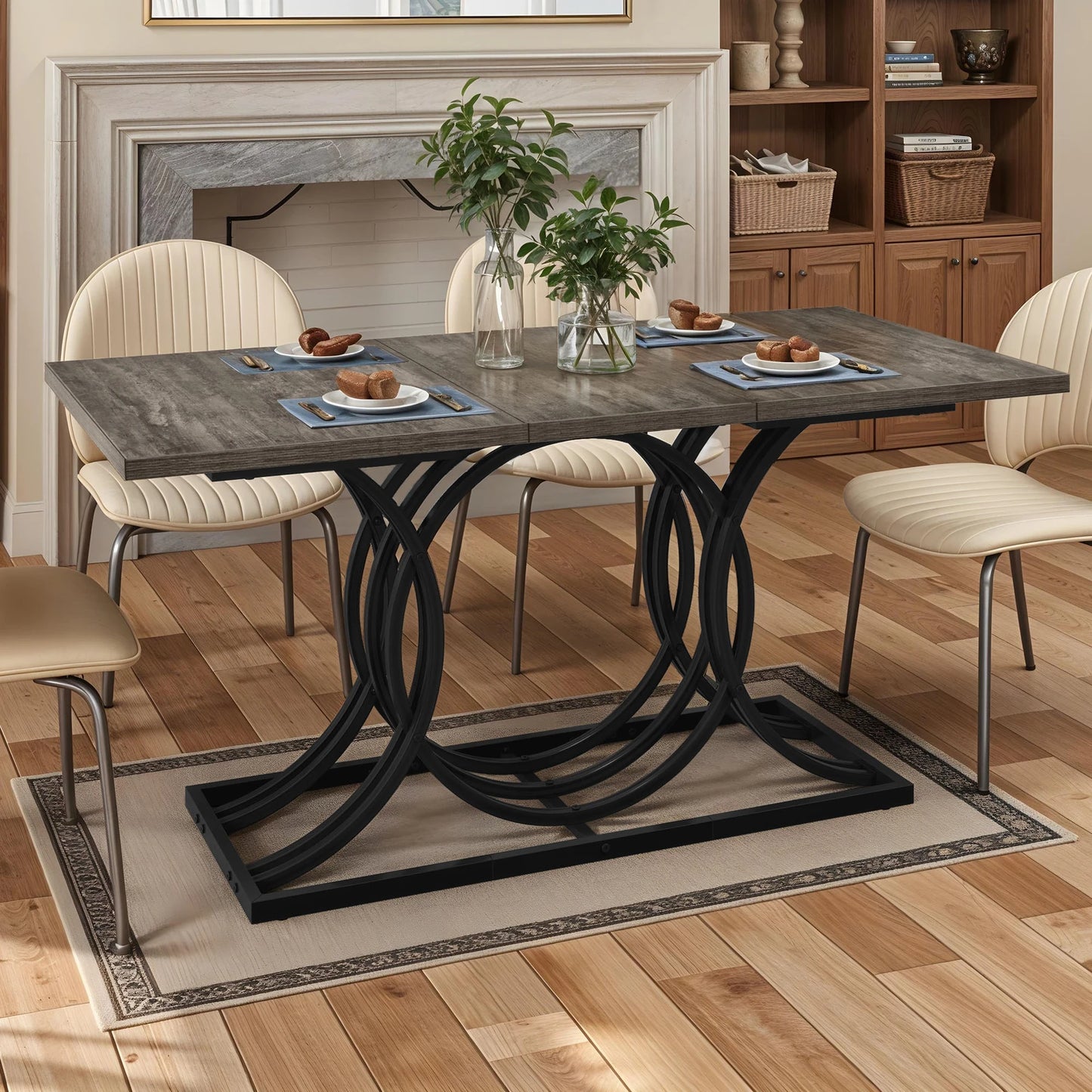 63 Inch Faux Marble Gray Dining Table For 6 With Metal Legs
