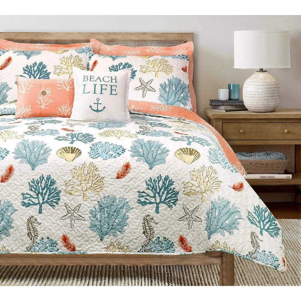 Coastal Reef Reversible Quilt Set King 7 Piece Ocean Blue Coral Decor Bedding