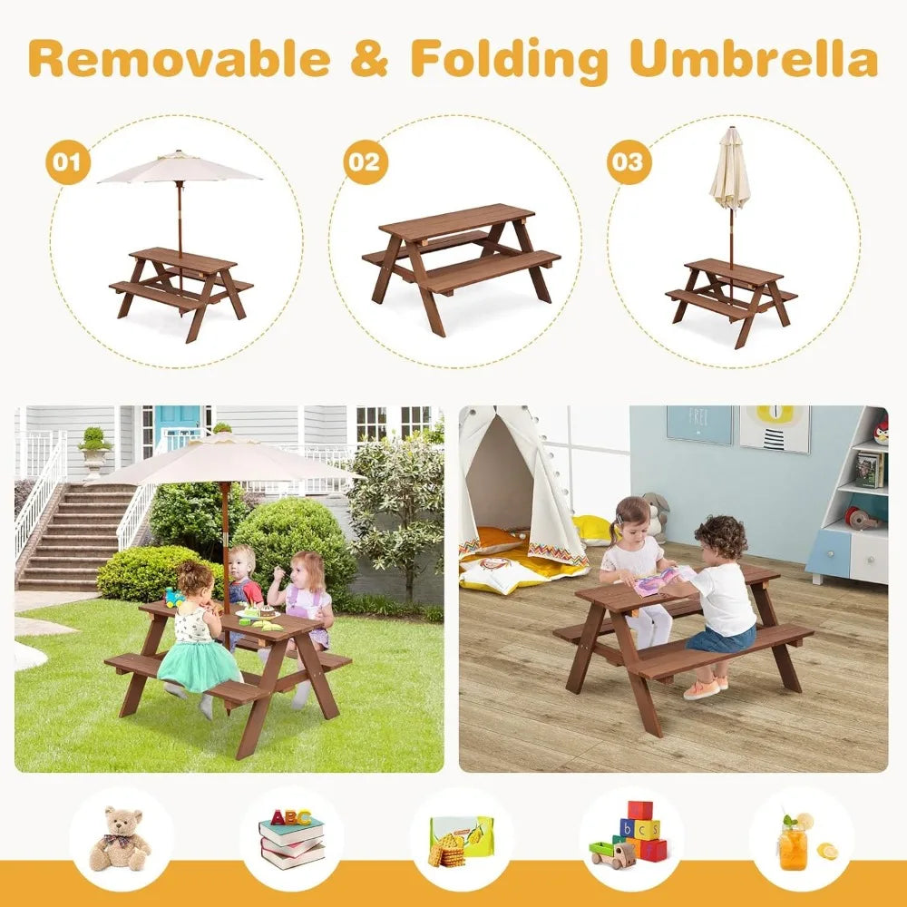 Kids Outdoor Wooden Picnic Table Bench Set With Removable Umbrella