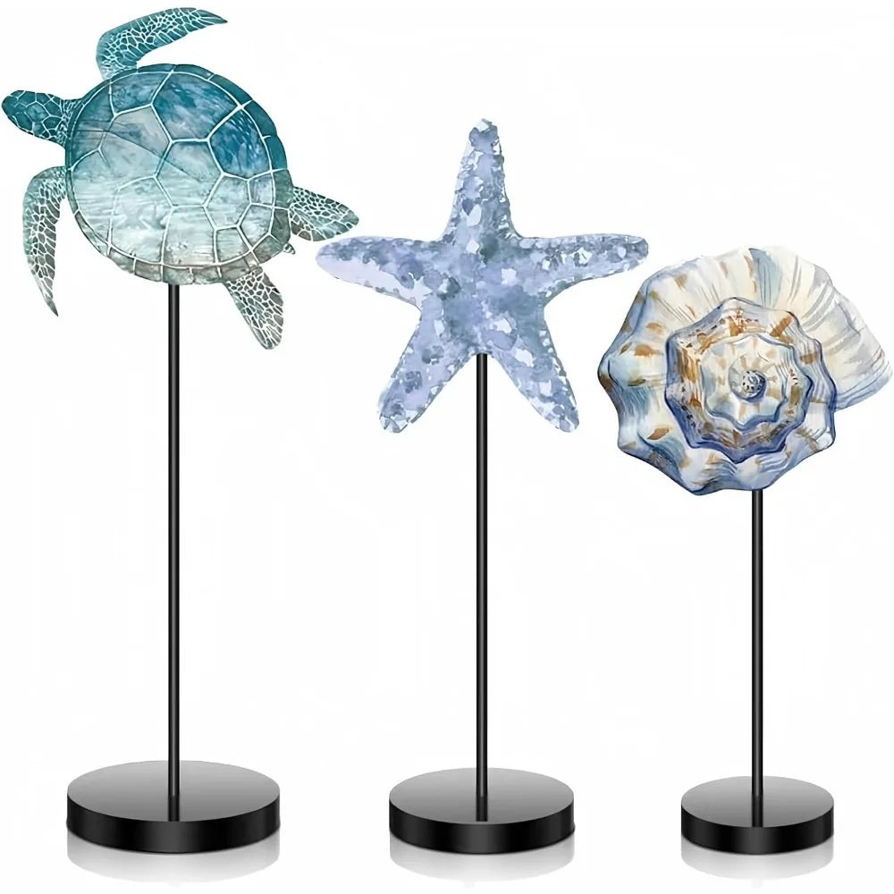 Set Of 3 Coastal Nautical Turtle And Starfish Wooden Block Decor Centerpieces