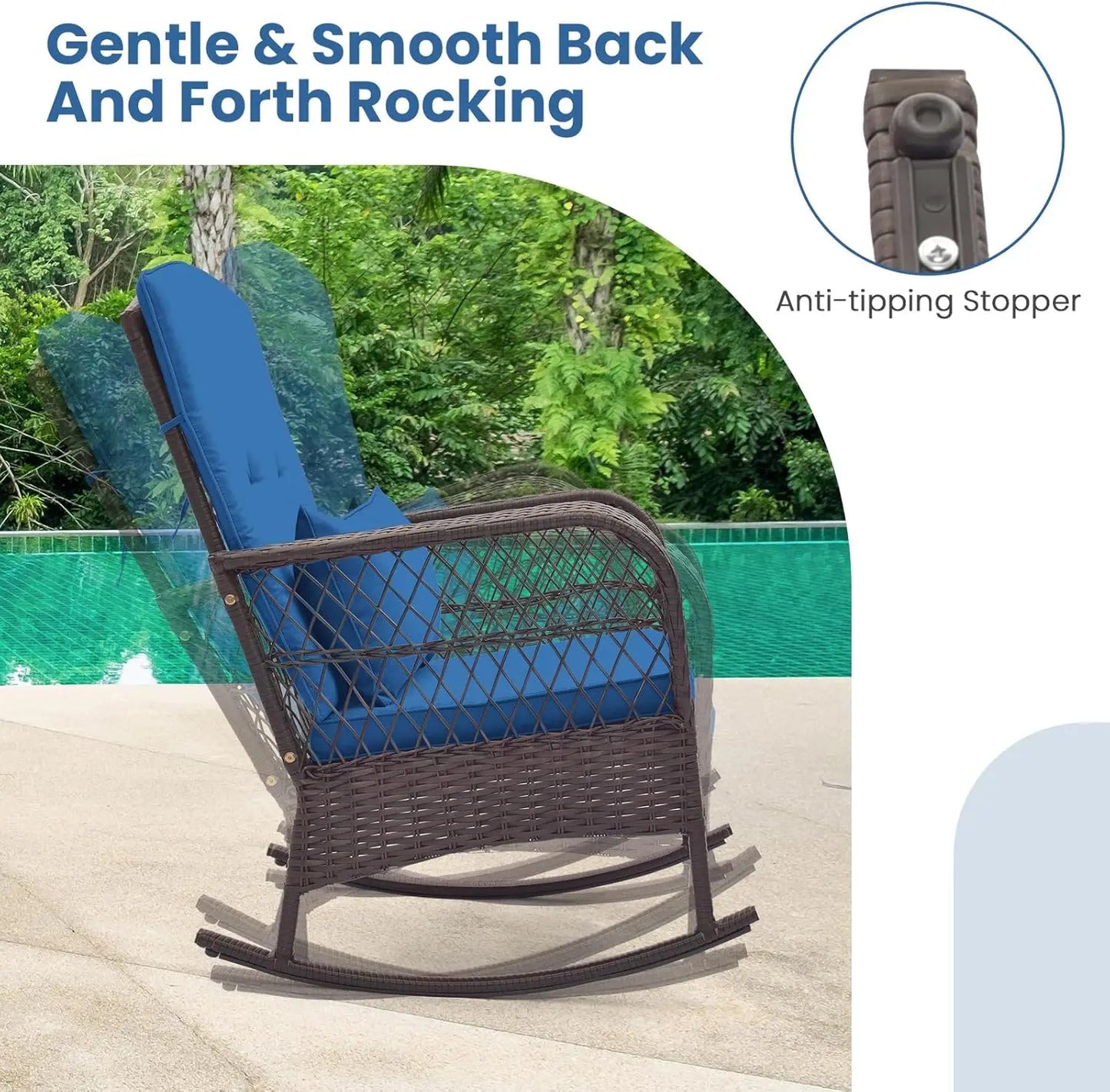 3 Piece Patio Wicker Rocker Set With Cushions Pillows