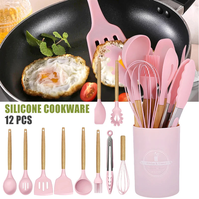 12 Piece Silicone Kitchen Utensils Set Nonstick Spatula Shovel Egg Beaters Baking Tools With Storage Bucket