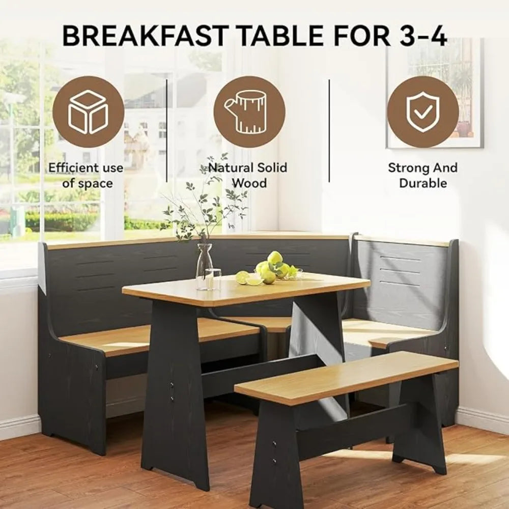 Breakfast Nook Corner Dining Table Kitchen Bench Chair Set Space Saving 3 To 5 People L Shape Reversible Black