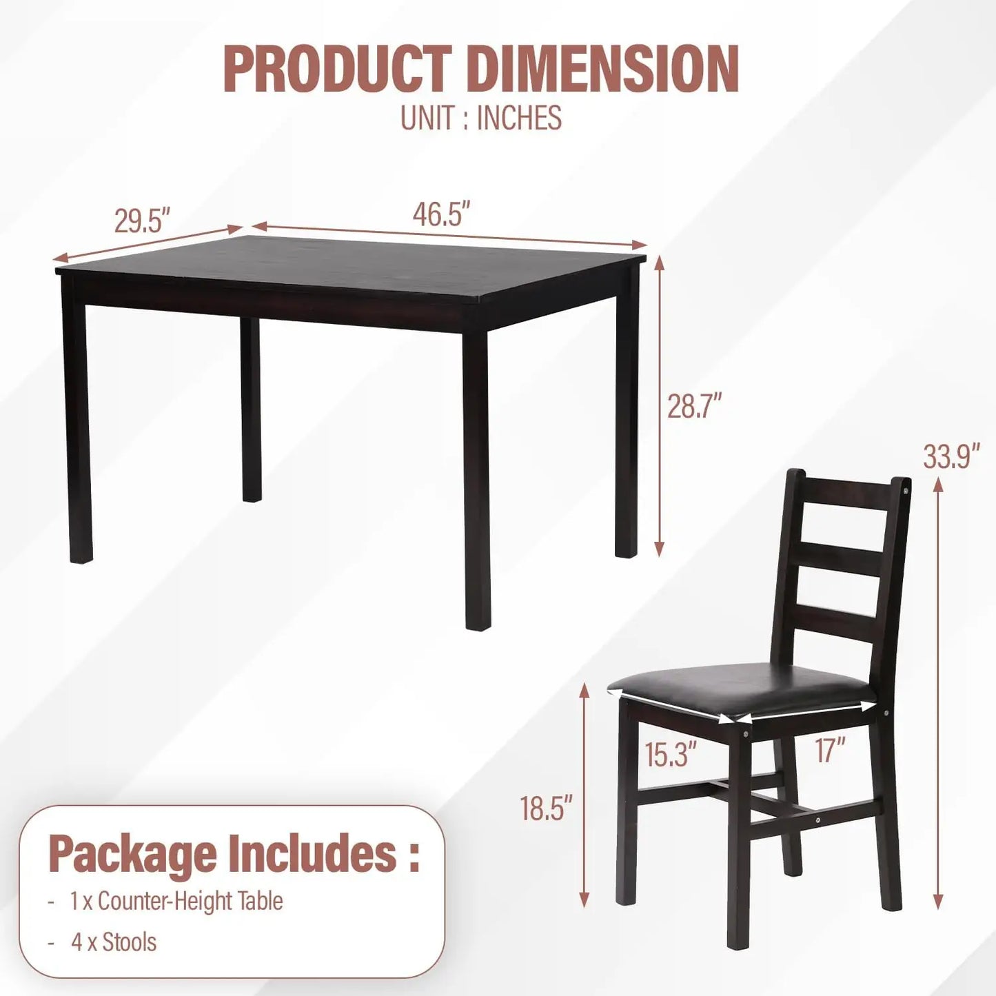 5 Piece Kitchen Dining Room Set Mid Century Wood Table and Chairs Dark Brown