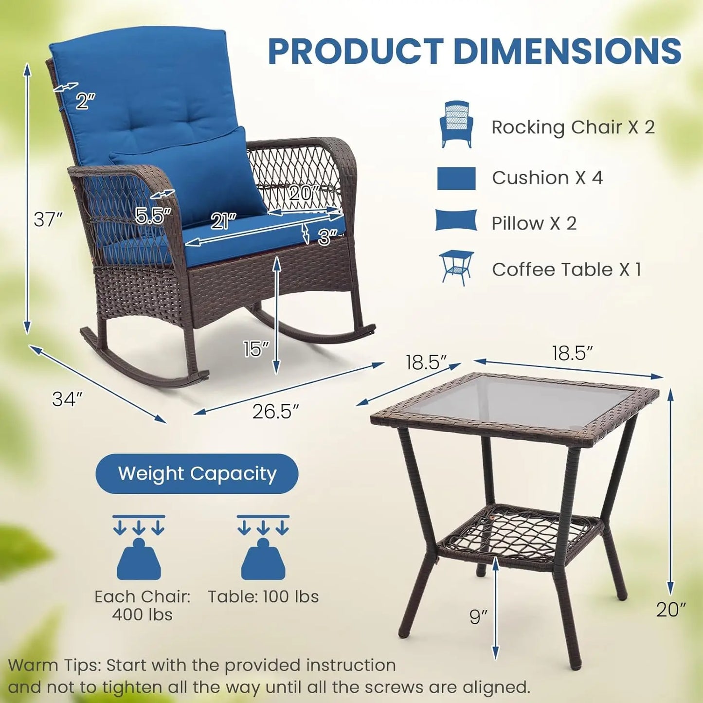 3 Piece Patio Wicker Rocker Set With Cushions Pillows