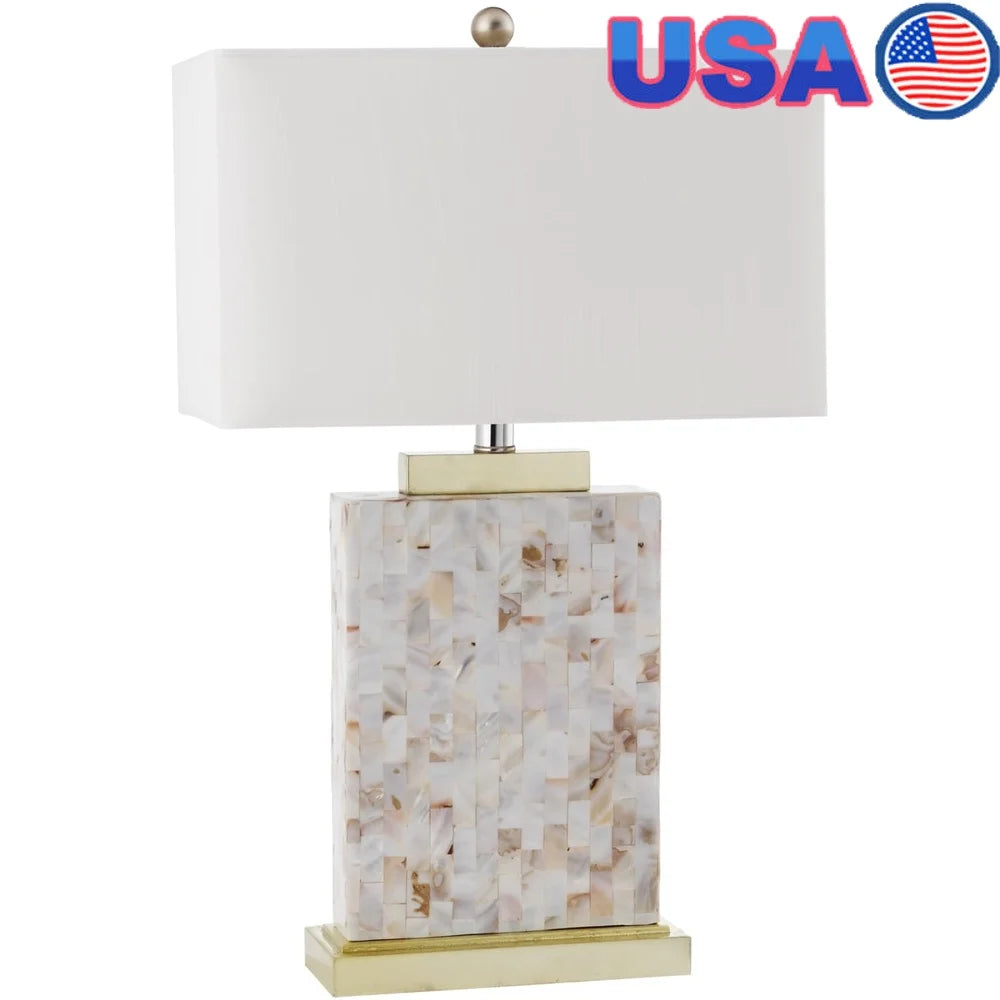 Coastal Shell Table Lamp Mosaic Capiz Shells Brushed Gold Stand White Shade Contemporary Home Decor Living Room Hall Bedroom