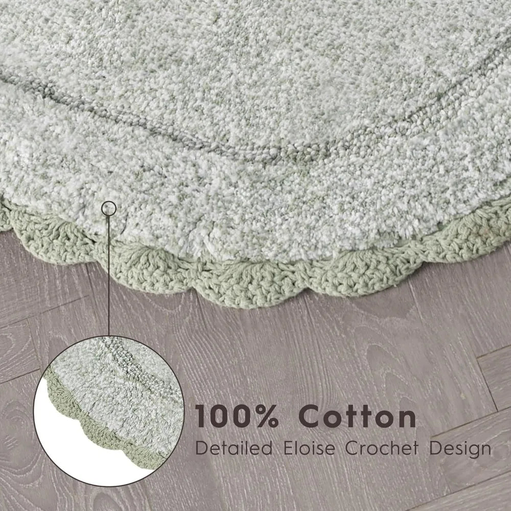 Sea Foam Cotton Oval Bath Mat Crochet Border Absorbent Non Slip Rug 24x60