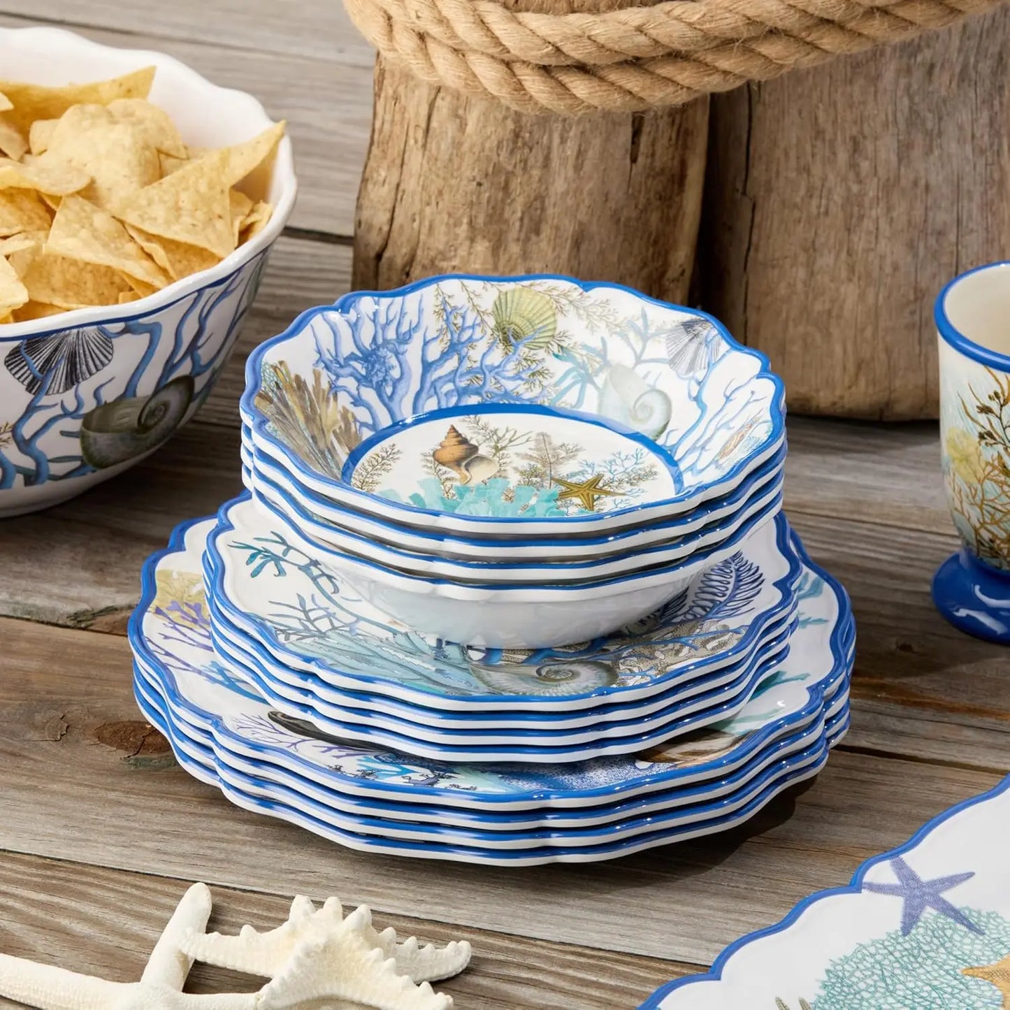 Blue Lagoon Melamine 12 Piece Dinnerware Set Service For 4 Coastal Coral Design 11 Inch Dinner Plates 9 Inch Salad Plate