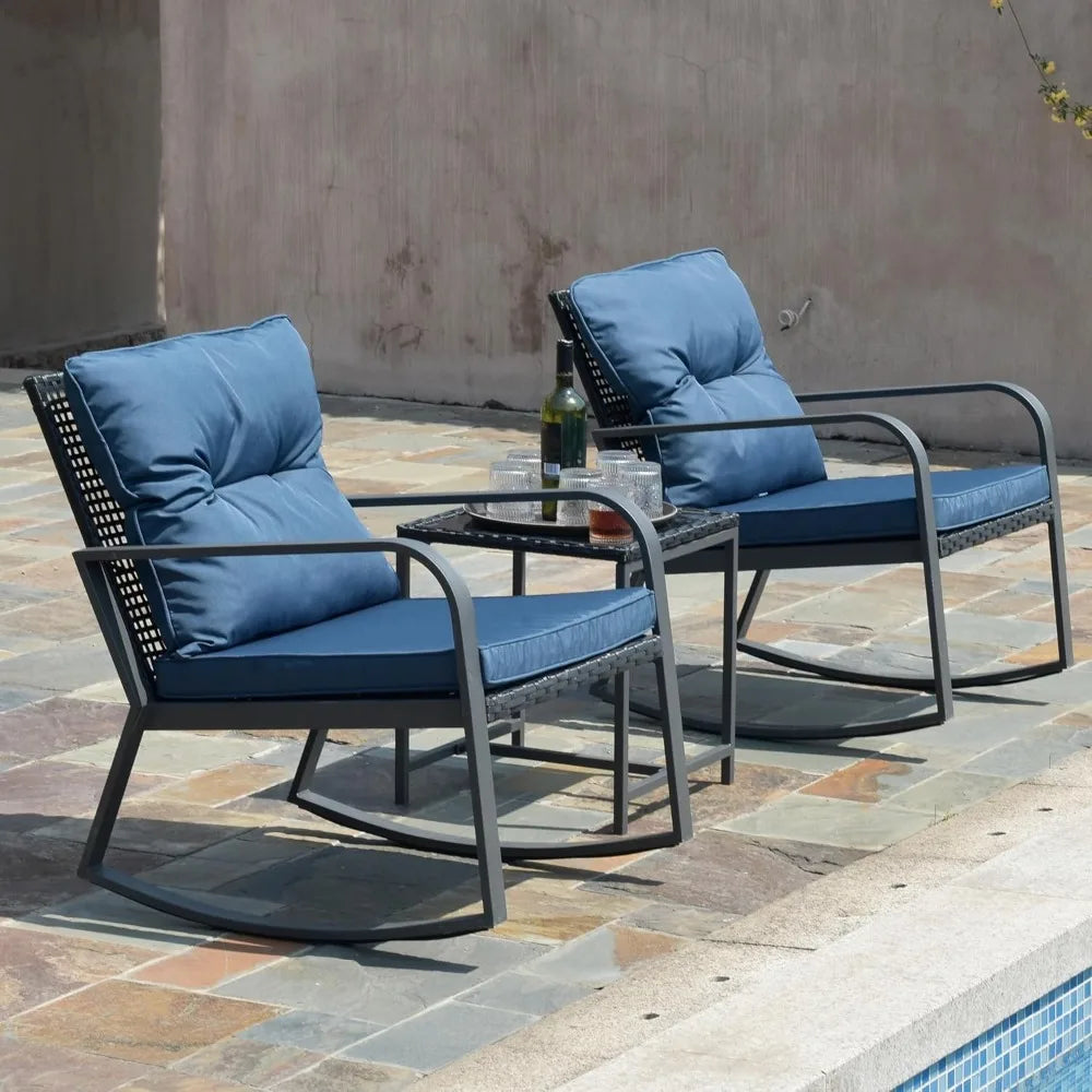 3 Piece Outdoor Rocking Bistro Set With Wicker Patio Furniture