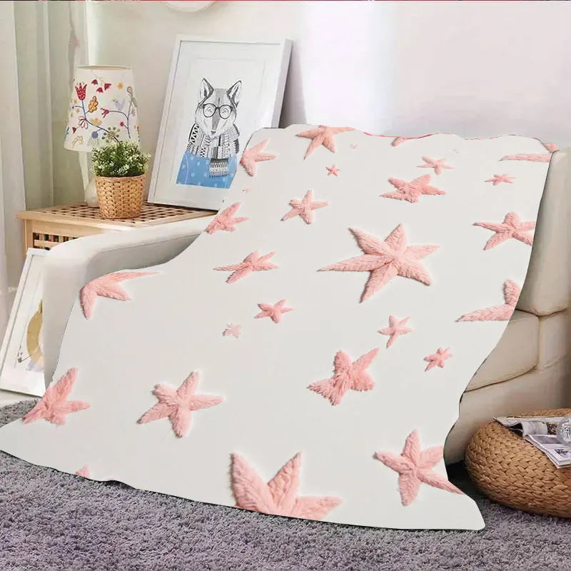 Soft Pink Starfish Embroidered Flannel Throw Blanket For Beach Vibes Decor