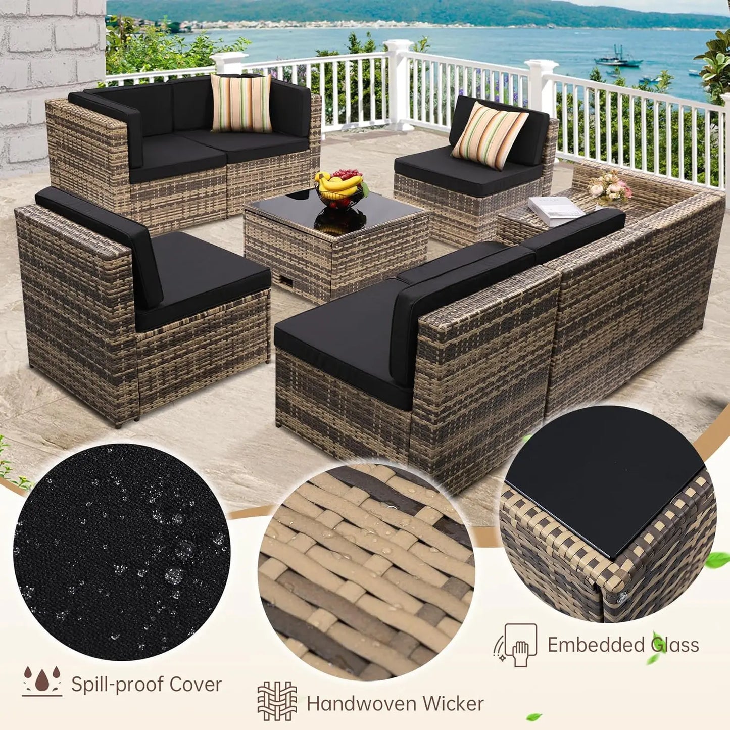 8 Pieces Outdoor Wicker Rattan Patio Furniture Sectional Set With Hidden Storage