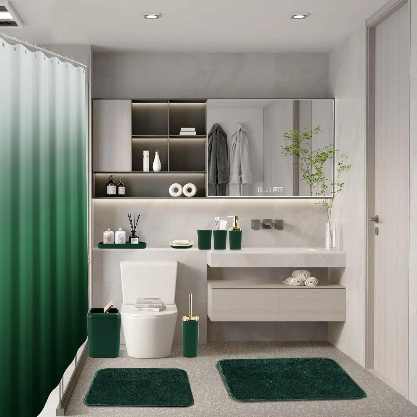 Dark Green Ombre 24 Piece Bathroom Set With Shower Curtain Rugs And Toilet Brush