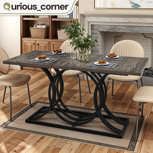 63 Inch Faux Marble Gray Dining Table For 6 With Metal Legs