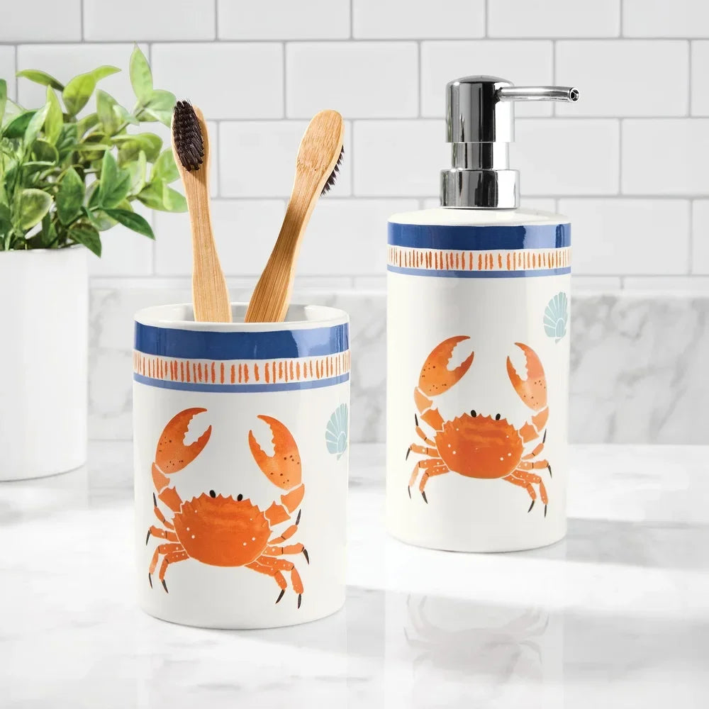 Ceramic Bathroom Shelves Set With Crab Design Soap Pump And Toothbrush Holder Bath Accessories Decor