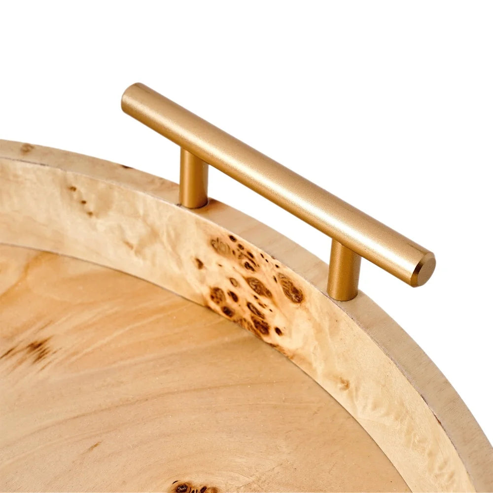 Round Burlwood Serving Tray With Gold Handles Lightweight Accent Piece For Drinks And Appetizers Home Decor 15.75 Inch