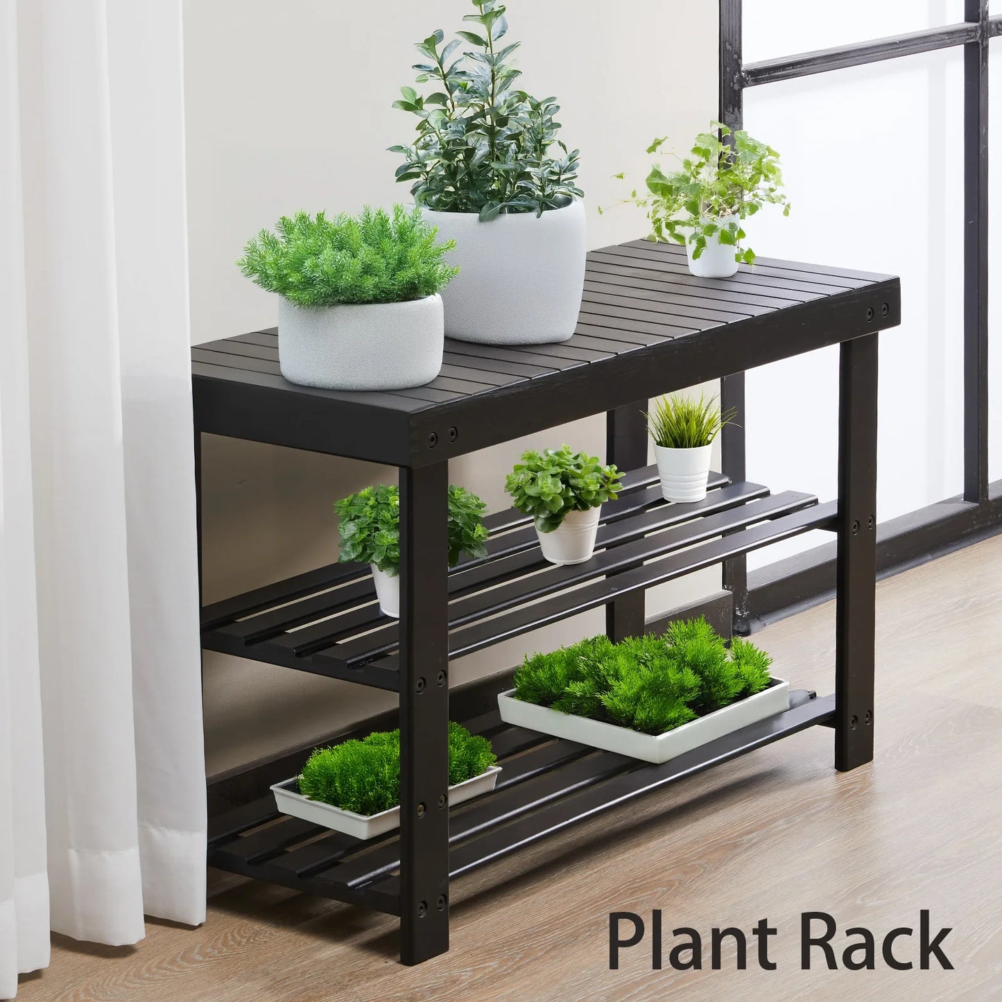 JHK Living Room Bamboo Shoe Rack Bench 3 Tier Organizer