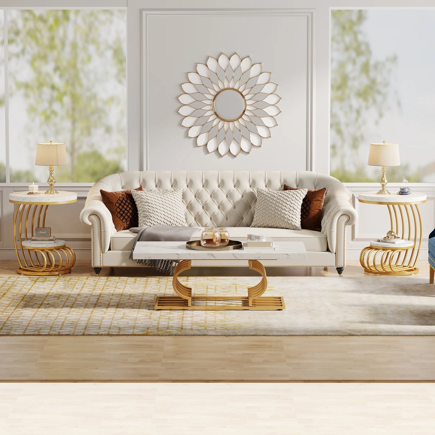 Tribesigns Gold Round End Table With Faux Marble 2 Tiers Storage Nightstand