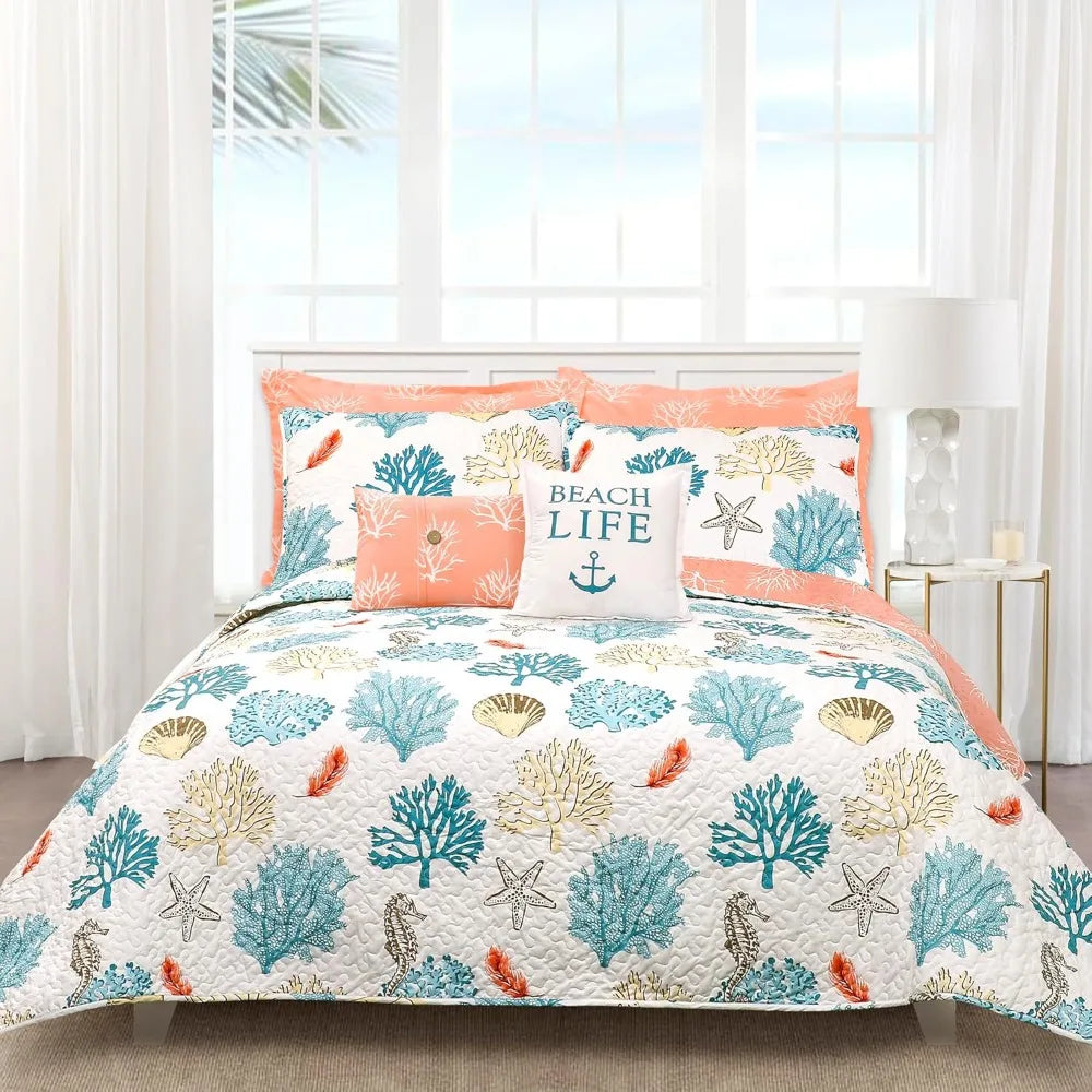 Coastal Reef Reversible Quilt Set King 7 Piece Ocean Blue Coral Decor Bedding