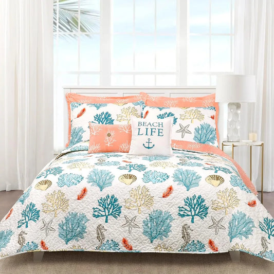 Coastal Reef Reversible Quilt Set King 7 Piece Ocean Blue Coral Decor Bedding