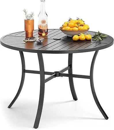 Outdoor Round Dining Table for Four 42 Inch Wrought Iron Umbrella Hole Patio