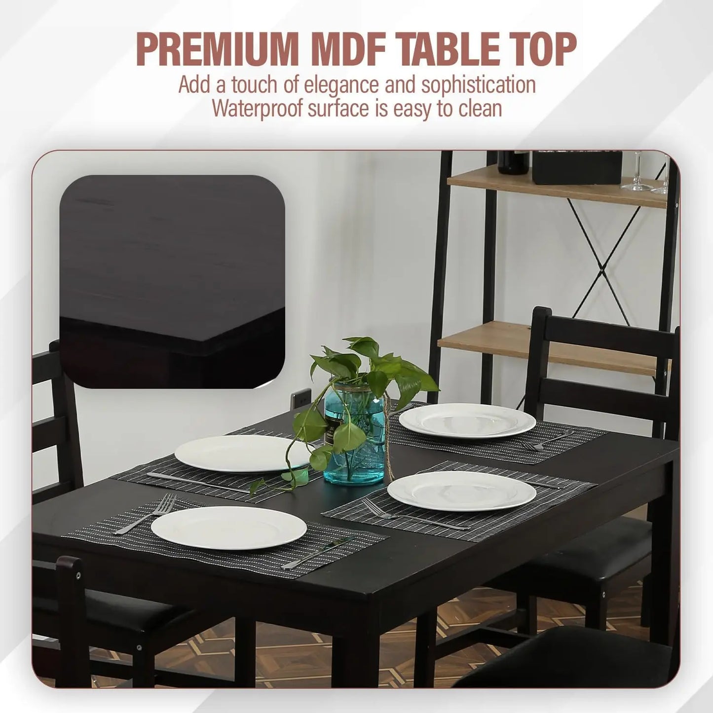 5 Piece Kitchen Dining Room Set Mid Century Wood Table and Chairs Dark Brown