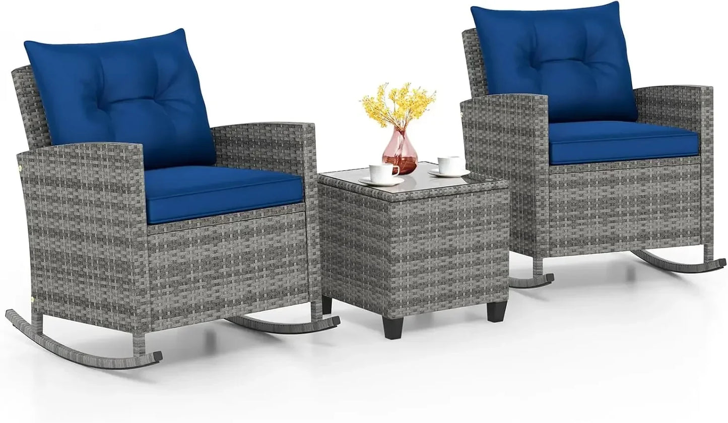3 Piece Patio Rocking Bistro Set Wicker Outdoor Glass
