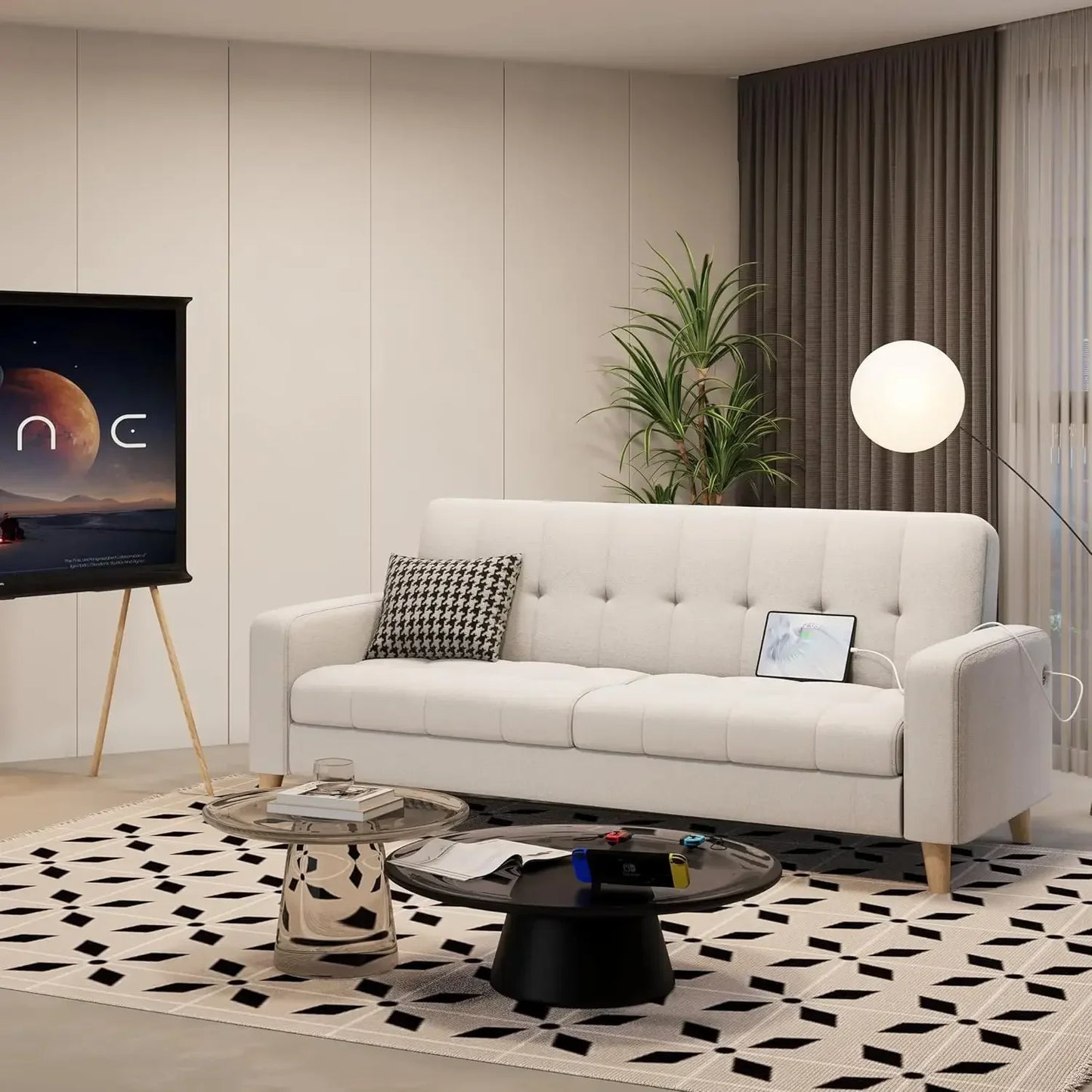 Two Seater Fabric Sofa With USB Ports Mid Century Modern