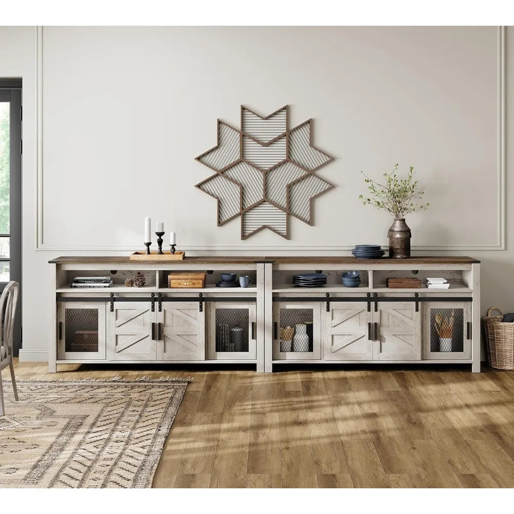 Farmhouse Buffet Cabinet Rustic Sideboard Sliding Barn Doors Mesh Doors 59 Inch Coffee Bar Storage Cabinet For Kitchen
