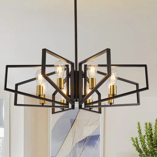 Geometric 8 Light Chandelier Adjustable Height Metal Pendant Light Black Frame