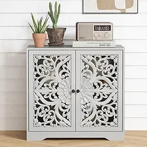 Blue Buffet Cabinet With Storage Wooden Carved Sideboard With Hollow Pattern And Adjustable Shelves Accent 2