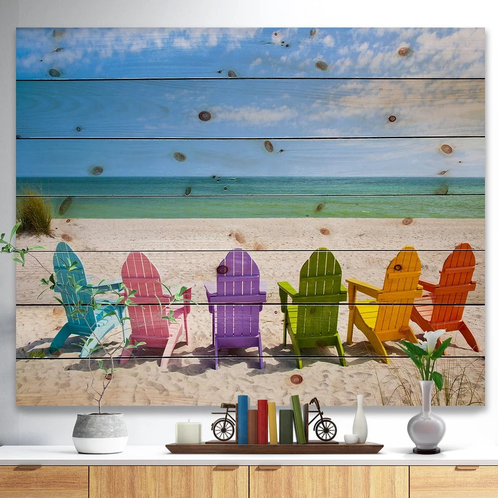 Coastal Nautical Beach Chairs Wood Wall Art Pine Print