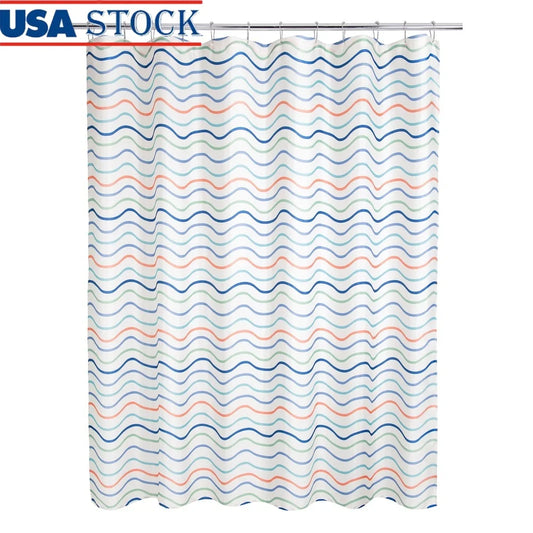 Coastal 13 Piece Fabric Shower Curtain Set With Chrome Hooks Wavy Stripe Design Bathroom Privacy And Water Protection