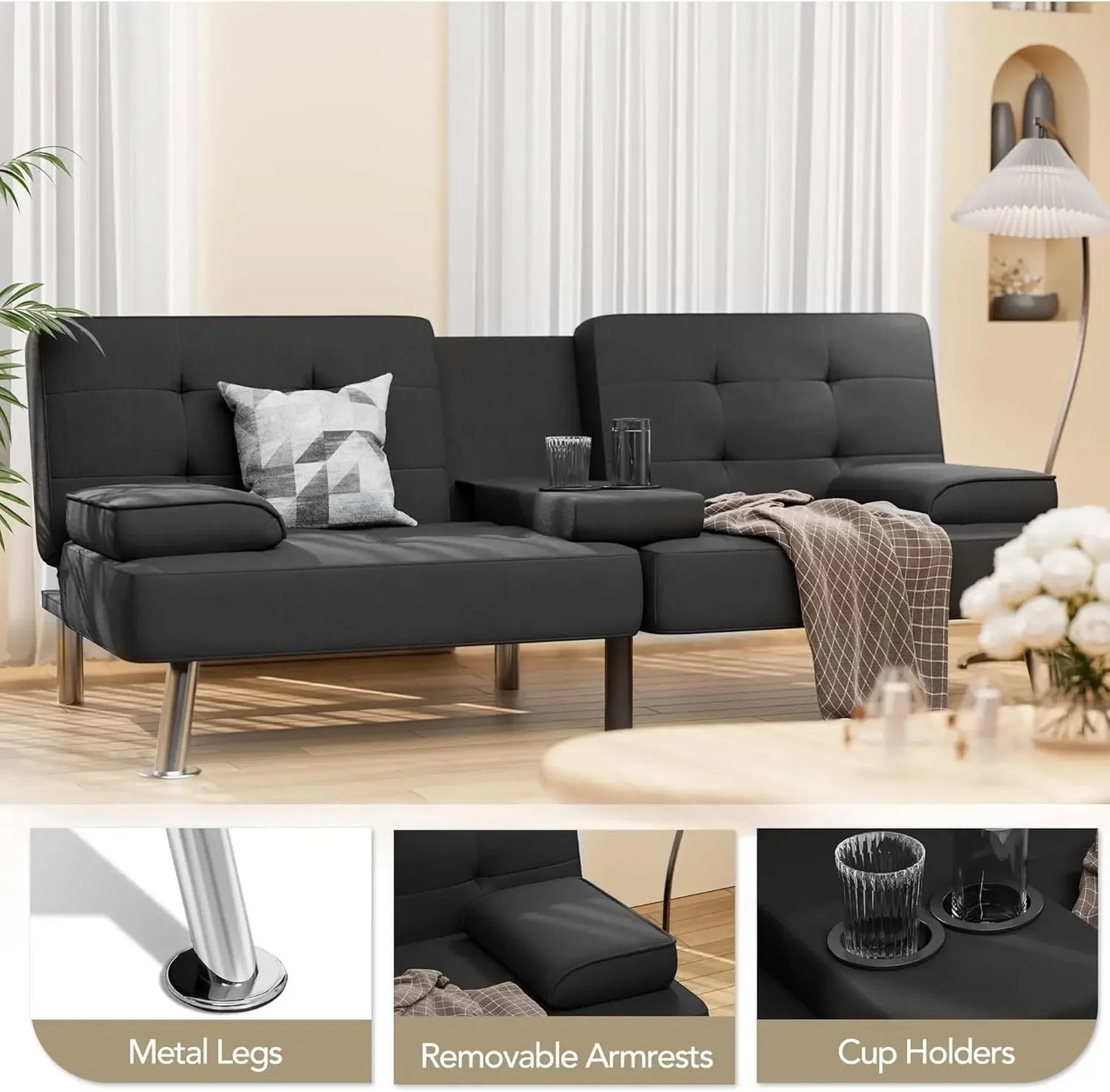 Modern Linen Upholstered Convertible Folding Futon Sofa Bed with Removable Armrests and Metal Legs for Living Room