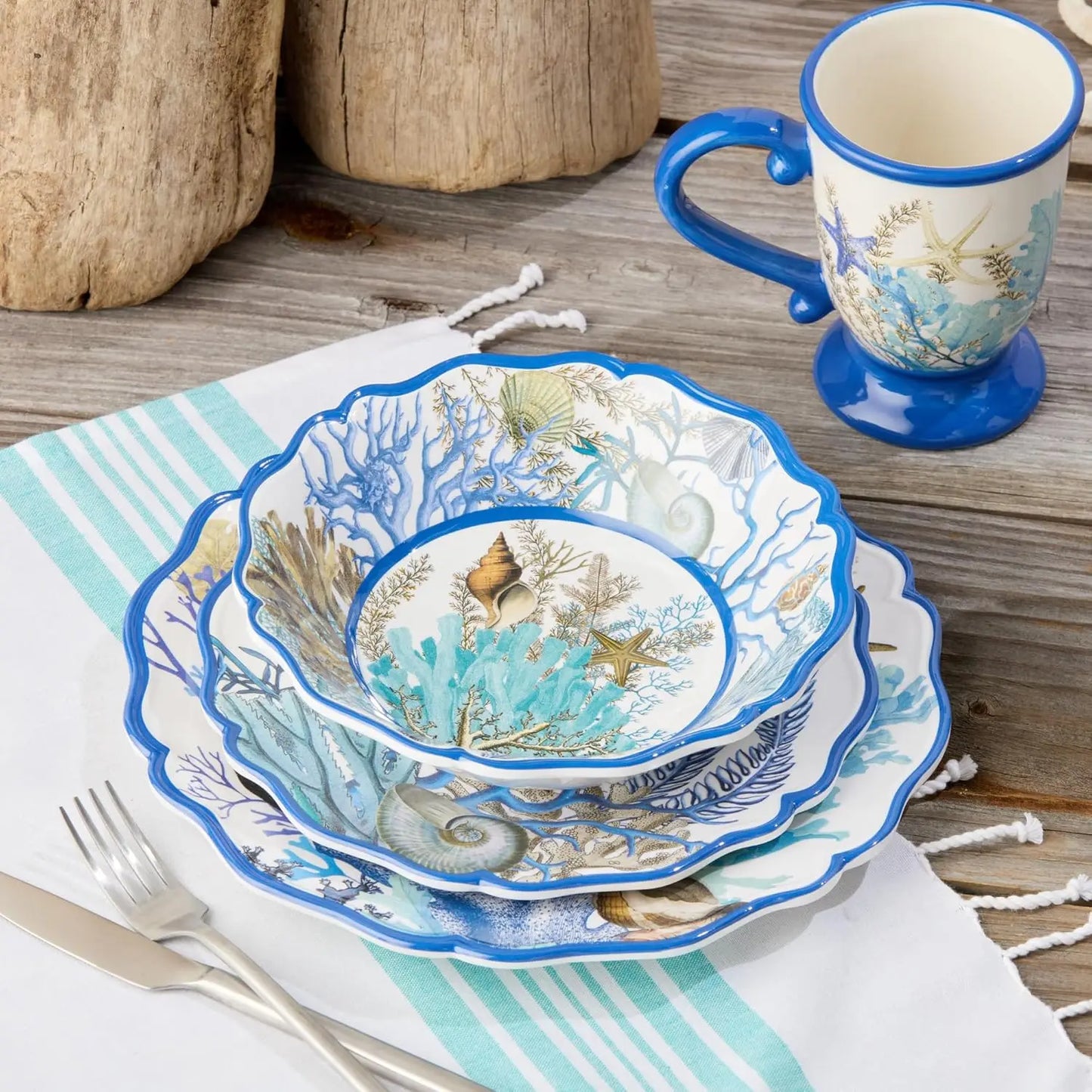 Blue Lagoon Melamine 12 Piece Dinnerware Set Service For 4 Coastal Coral Design 11 Inch Dinner Plates 9 Inch Salad Plate