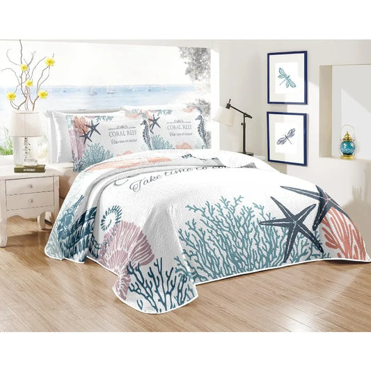 Queen Size Nautical Beach Comforter Set with 2 Shams Coastal Coverlet Ocean Bedspread Summer Bedding 90 by 96 Inches