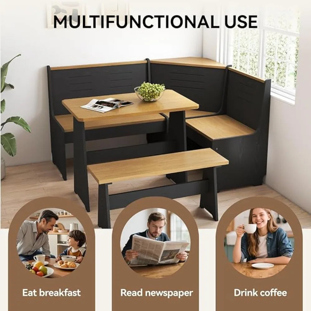Breakfast Nook Corner Dining Table Kitchen Bench Chair Set Space Saving 3 To 5 People L Shape Reversible Black