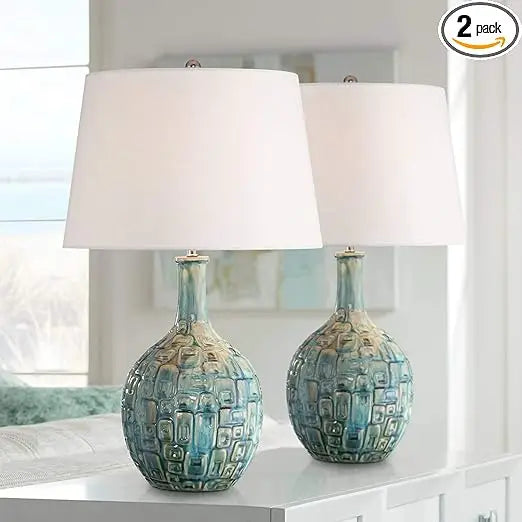 Teal Ceramic Gourd Table Lamps Set of 2 26 Inch Mid Century