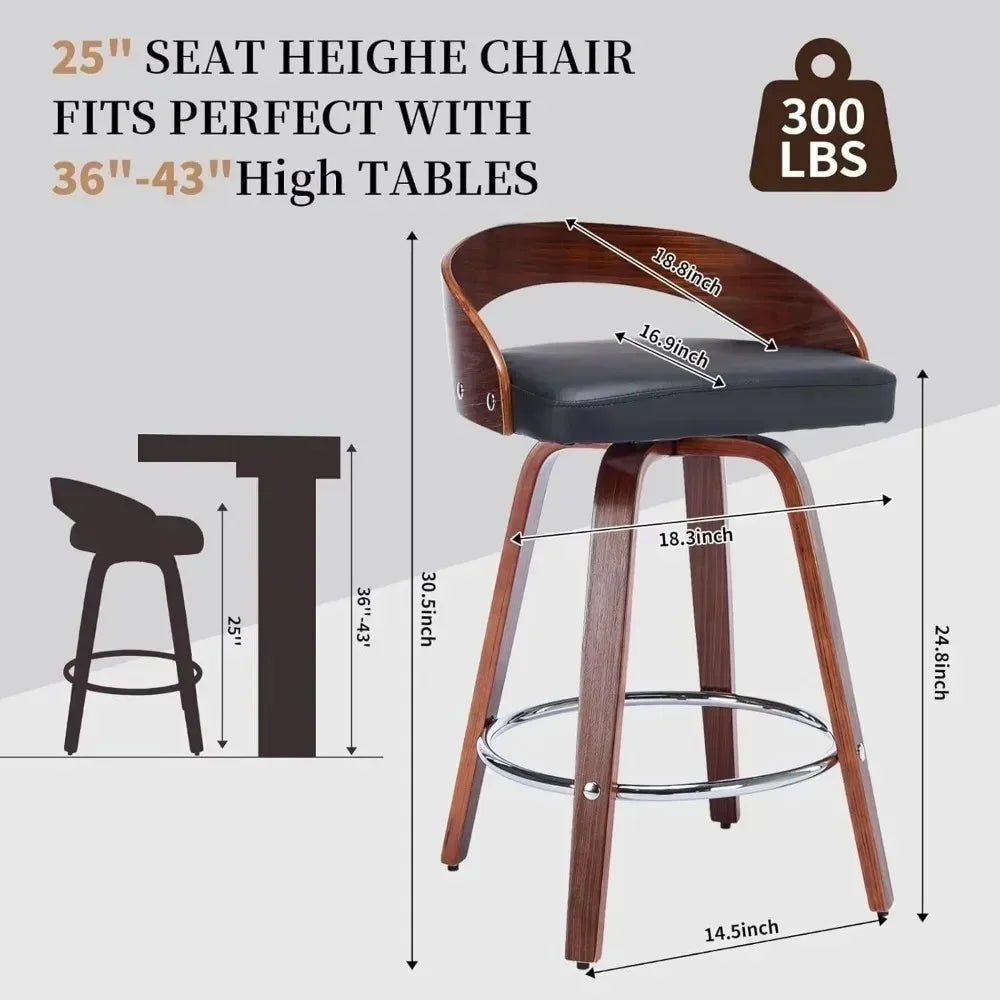 25 Inch Swivel Bar Stool Set of 2 Low Back Mid Century Black PU Leather Upholstered Walnut Wood Counter Height