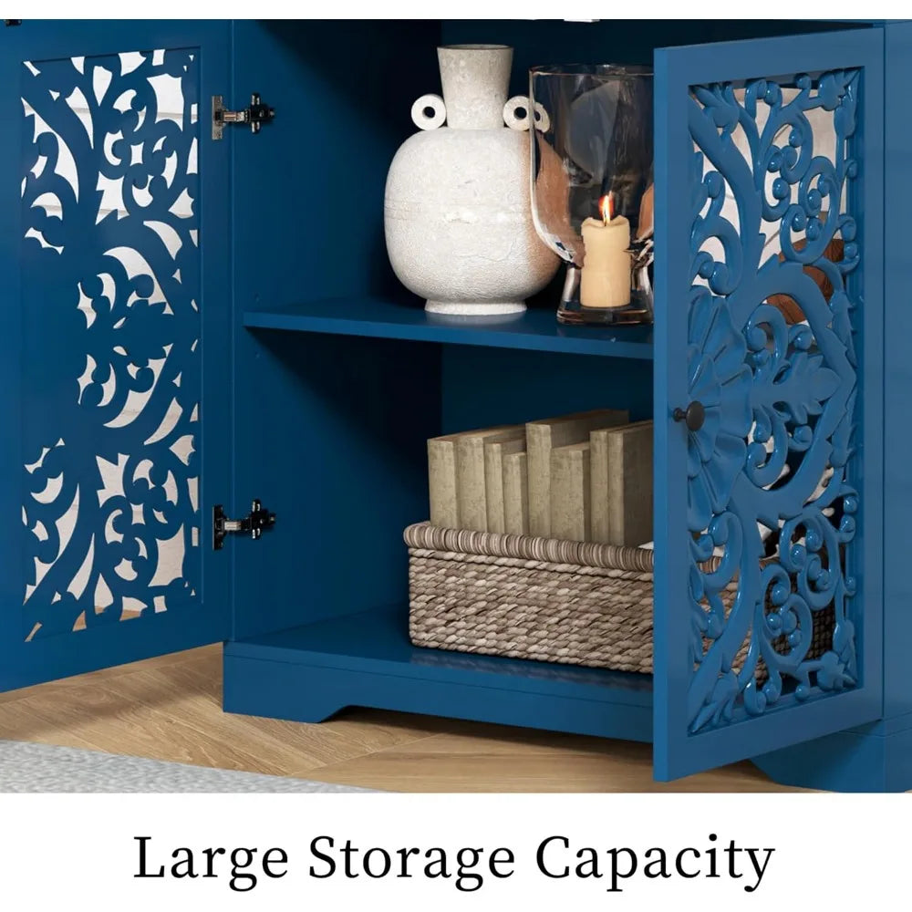 Blue Buffet Cabinet With Storage Wooden Carved Sideboard With Hollow Pattern And Adjustable Shelves Accent 2
