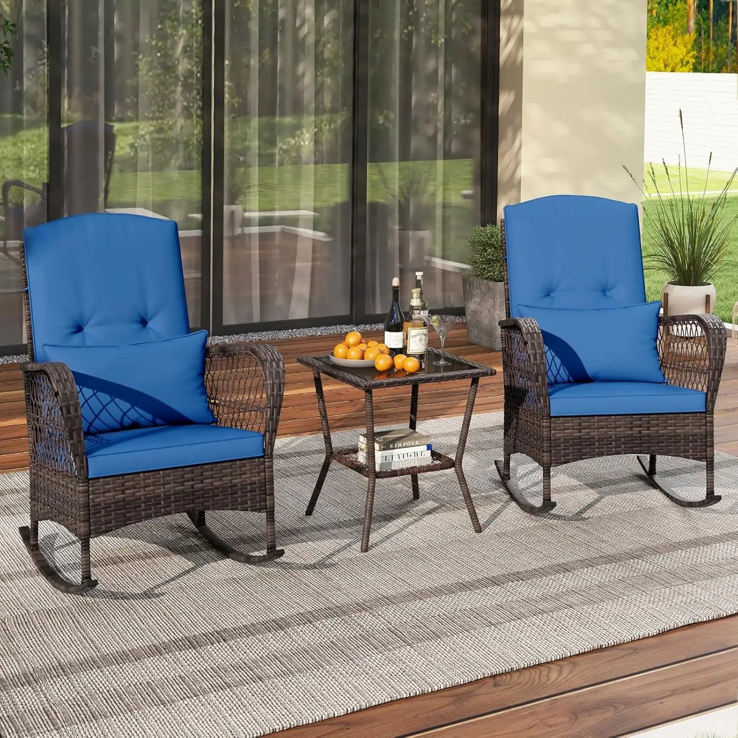 3 Piece Patio Wicker Rocker Set With Cushions Pillows