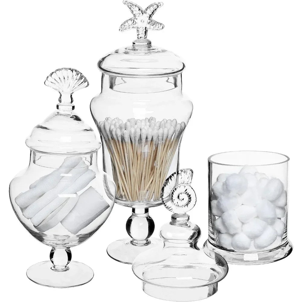 Clear Glass Apothecary Jars with Lid Decorative Seashell Design Bathroom Canister Footed Candy Buffet