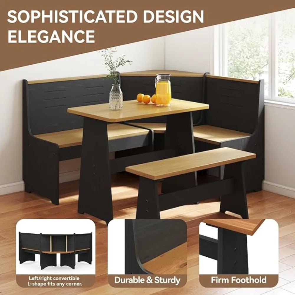 Breakfast Nook Corner Dining Table Kitchen Bench Chair Set Space Saving 3 To 5 People L Shape Reversible Black